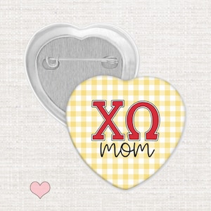 Chi Omega Mom Heart Pin, Chi O Sorority Mom Gift, XO Greek Letter Button, Red & Yellow Gingham Sorority Parent's Weekend Pin, XO Mom Pin