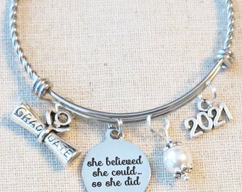 2024 GRADUATION Gift Bangle Bracelet, She Believed She Could So She Did Inspirational Gift, Class of 2024 High School College Graduate Gift