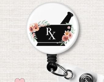 PHARMACIST Badge Reel, Pharmacy Tech Badge Reel Work ID, Pharmacist Gift, Pharmacy Tech Mortar and Pestle Badge Holder, Medical Badge Holder