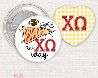 Chi Omega Pin Button Set, XO Sorority Pins, Yellow Gingham & XO Game Day 2-Piece Bundle, Bid Day, Big Little Gift, Chi Omega Sorority Gifts