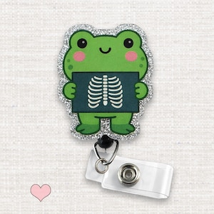 Cute X-Ray Frog Badge Reel, Glitter Radiology Tech ID Holder for RT(R), Imaging, and X-Ray Staff, Fun Radiology Gift, Swivel Clip Badge Reel