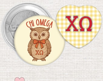 Chi Omega Button Pin Set, Cute Owl Pin & Yellow Gingham Heart XO Pin, Sorority Gift Bundle for Bid Day, Big Little Reveal, XO Game Day
