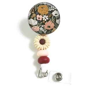 Flower Badge Reel Neutral Retractable Badge Reel, Beaded Boho Daisy Floral in Neutral Brown Badge Reel, Nurse Badge Reel, Badge Accessories