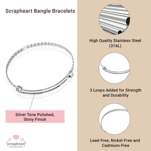 May include: A silver tone bangle bracelet with a braided design. The bracelet is made of high quality stainless steel (316L) and has three loops added for strength and durability. It is lead-free, nickel-free and cadmium-free.