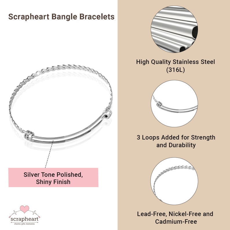 May include: A silver tone bangle bracelet with a braided design. The bracelet is made of high quality stainless steel (316L) and has three loops added for strength and durability. It is lead-free, nickel-free and cadmium-free.