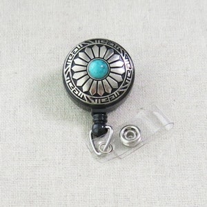 Porte-badge d'identité turquoise, insigne bolo concho argenté, enrouleur de badge d'identification rétractable western, clip pour badge bling-bling pour enseignant de rodéo, enrouleur pour badge d'infirmière autorisée