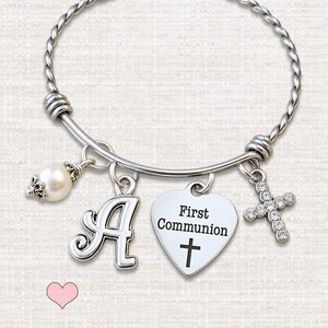 Personalized First Communion Charm Bracelet, Swarovski Pearl, Rhinestone Cross