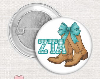 Zeta Tau Alpha Button Pin, ZTA Boots Bow Pin, Licensed ZTA Sorority Game Day Pin, Cute Tailgate Button, Bid Day, Big Little, Sorority Gifts