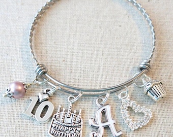10th Birthday Charm Bracelet, Initial, Cake, Heart