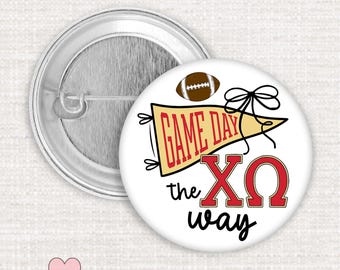 Chi Omega Game Day Button – Licensed ChiO Sorority Pin, Cute Chi O Tailgate Accessory, Greek Life Spirit Wear, Sorority Gifts, Bid Day Gifts