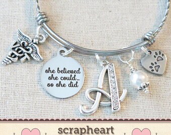 VET TECH GIFT - Vet Tech Graduation Bracelet, She Believed She Could Vet Tech Grad Gift, Veterinary Technician Paw Print Charm Bracelet