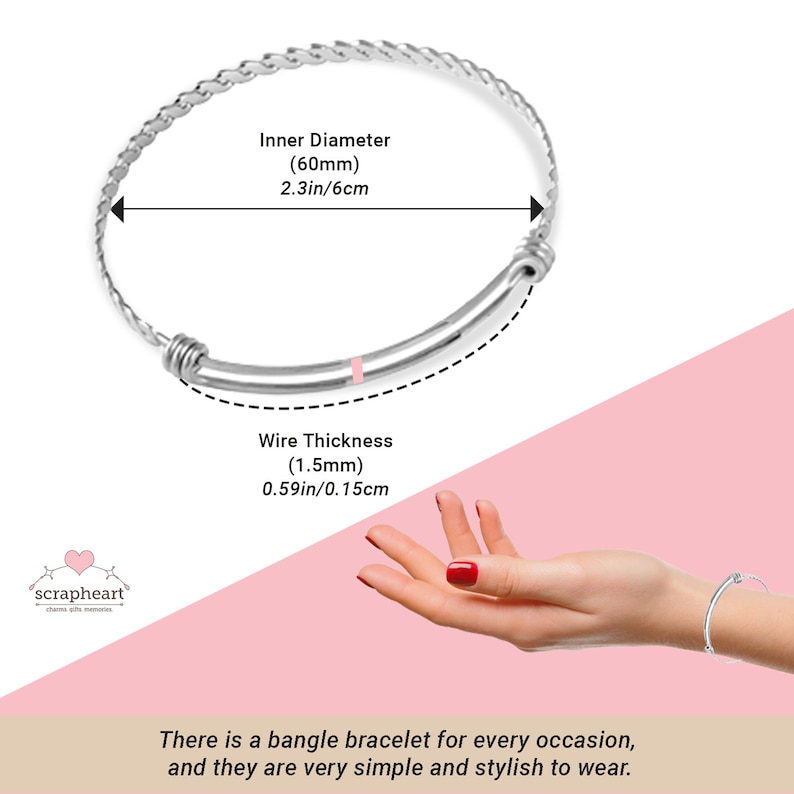 May include: Silver bangle bracelet with a twisted wire design. The bracelet is 2.3 inches in diameter and 0.59 inches thick. There is a bangle bracelet for every occasion, and they are very simple and stylish to wear.