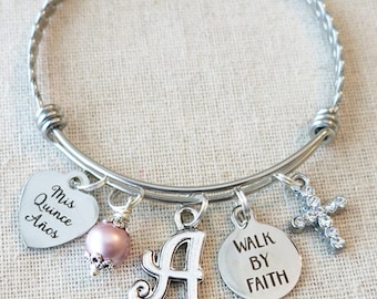 Mis Quince Años Bracelet, PERSONALIZED Quince Gift, CUSTOM Quinceañera Bangle, 15th Birthday, Walk By Faith Gift for Teenager, Sweet 15 Gift