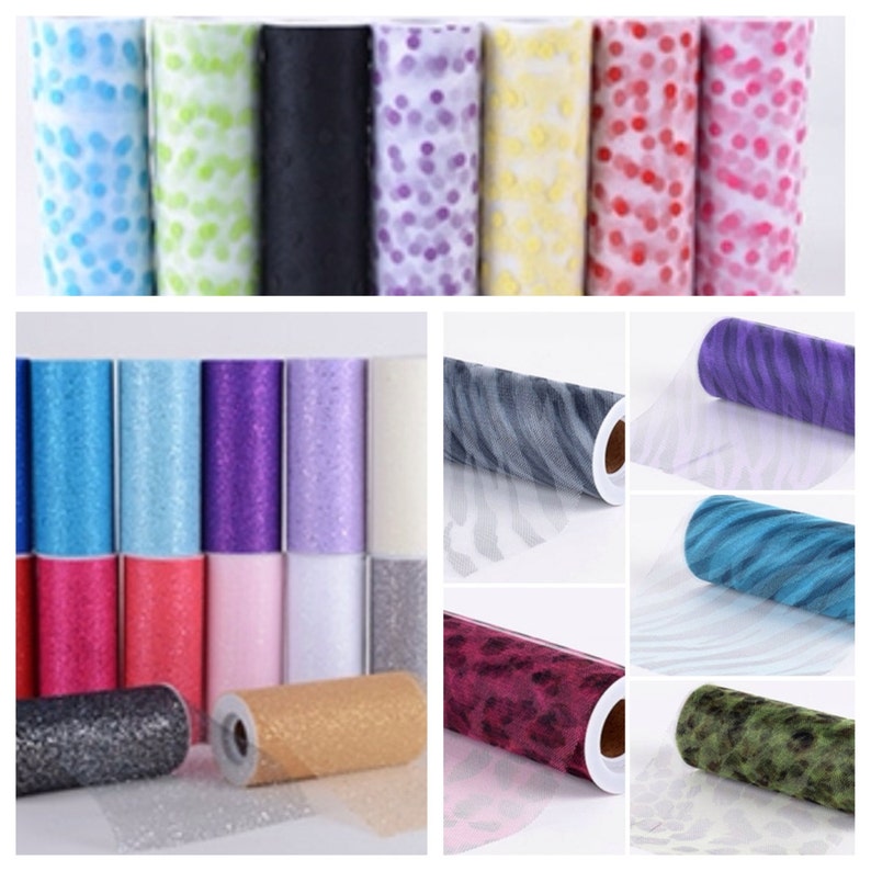 May include: Assortment of tulle rolls in various colors and patterns, including solid colors, glitter, polka dots, and animal prints. The rolls are approximately 6 inches in diameter and 10 yards long.