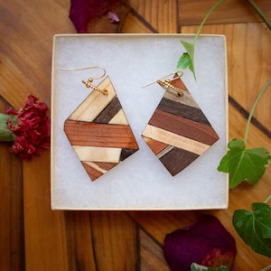 Geometric Wood Mosaic Earrings: Handcrafted Walnut, Pine, Redwood