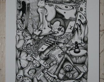 Original Signed Limited Edition Print. Composite Surreal Drawing. Black and White. 11cm x 15.5cm on A5 Page DOODLE#3