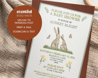Bewerkbare babyshoweruitnodiging, konijn, konijn, verjaardag, uitnodiging geïnspireerd door Raad eens hoeveel ik van je hou
