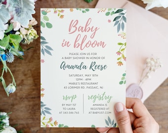 Baby in Bloom Baby Shower Invite Template, Floral Baby Shower, Modern Baby Shower, Editable Invitation