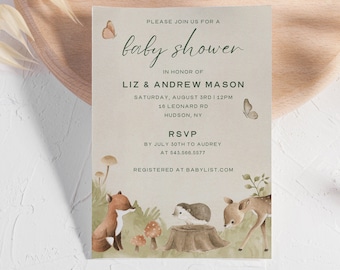 Woodland-uitnodigingssjabloon, Woodland-babyshower, 1e verjaardag, bosuitnodiging, paddenstoelen, herfstbos, bewerkbare uitnodiging