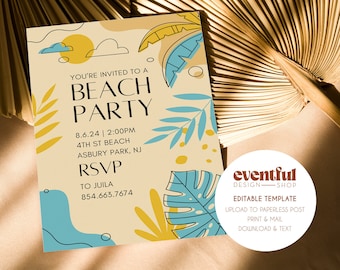 Bewerkbare uitnodiging strandfeest, verjaardagsuitnodiging, 4 juli uitnodigen, zomerfeestje uitnodigen, tropisch feest, uitnodigingssjabloon