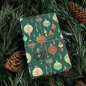 Christmas Vintage Ornament Wrapping Paper, Gift Wrap Roll, Classic Christmas Gift Wrapping Paper, Ornament Gift Wrap, Holiday Wrapping