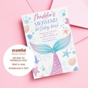 Editable Mermaid Invitation, Mermaid, Birthday, Mermaid Party Invite, First Birthday Invite, under the sea