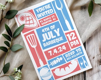 Uitnodiging voor BBQ-feestje - volledig bewerkbaar, 4 juli uitnodigen, barbecue verjaardagsuitnodiging, barbecue verjaardagsfeestje, grillen uitnodigen, uitnodigingssjabloon