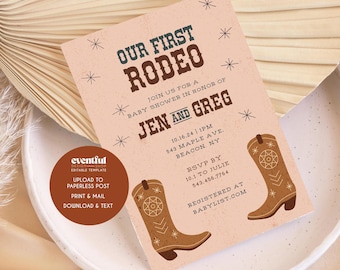 Bewerkbare sjabloon Eerste rodeo babyshower, cowboy, cowgirl, country babyshower, western, wilde westen