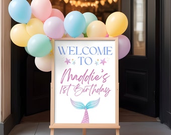 Bewerkbaar zeemeerminfeest welkomstbord - 18"x24", evenementbord - aanpasbaar! Eerste verjaardag, zeemeerminuitnodiging, onder de zee