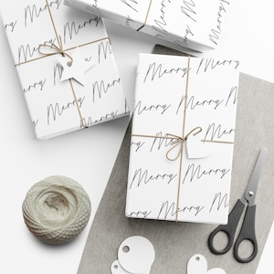 Merry White Wrapping Paper, Modern Christmas, Merry, Holiday Gift Wrap, Minimal, Black and White