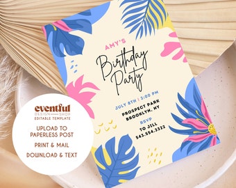 Bewerkbare uitnodiging zomerfeest, verjaardagsuitnodiging, 4 juli uitnodigen, BBQ-feestje uitnodigen, tropisch feest, uitnodigingssjabloon