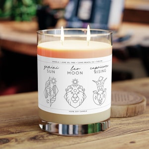 Bougie personnalisée thème astral du zodiaque, soleil lune et astrologie ascendante