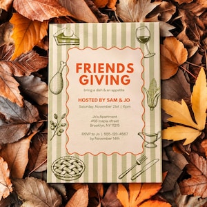 Friendsgiving Invitation Template, Modern Striped Potluck Invite, Editable Canva Vintage Fall Dinner Flyer