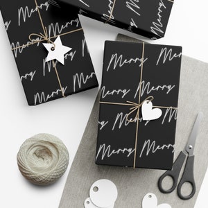 Merry Black Wrapping Paper - Modern Christmas, Holiday Gift Wrap, Minimal, Black and White