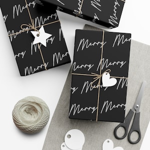 Merry Black Wrapping Paper Roll - Modern Christmas, Holiday Gift Wrap, Minimal, Black and White