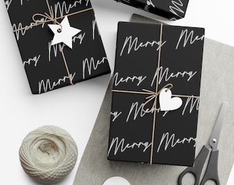 Merry Black Wrapping Paper Roll - Modern Christmas, Holiday Gift Wrap, Minimal, Black and White