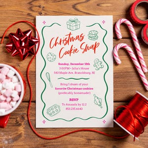 May include: A white invitation card with a green wavy border, red text reading Christmas Cookie Swap, and green line art icons of a gift, cookies, a gingerbread man, a whisk, a rolling pin, and a baking tray, with event details.