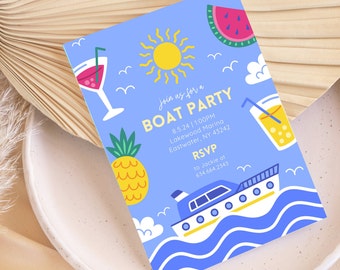 Bewerkbare uitnodiging voor het feest van de boot, verjaardagsuitnodiging, 4 juli uitnodigen, zomerfeest, vrijgezellenfeest bootfeest
