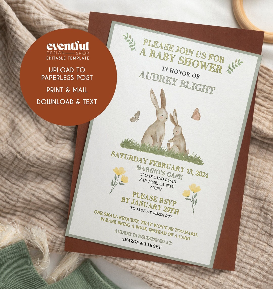 Editable Baby Shower Invitation, Rabbit, Bunny, Birthday, Invite ...
