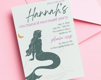 Editable Enchanted Mermaid Invitation, Mermaid Birthday Party Mermaid Party Invite, 1st Birthday Invite