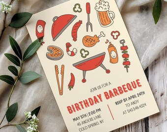 Bewerkbare uitnodiging voor BBQ-feestje, barbecue verjaardagsuitnodiging, barbecue verjaardagsfeestje, grillen uitnodigen, uitnodigingssjabloon