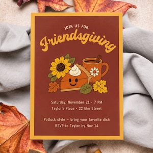 Friendsgiving Invitation Template, Retro Pumpkin Pie Potluck Invite, Editable Canva Fall Dinner Party Flyer