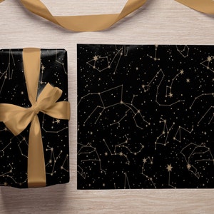 Black and Gold Celestial Wrapping Paper - Constellation Holiday Gift Wrap for Astrology Lovers, Minimalist and Modern Wrapping