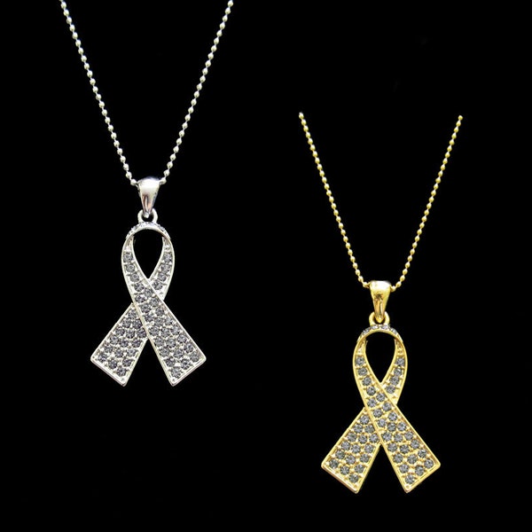 Crystal Gray Grey Ribbon Bow Brain Cancer Tumor Diabetes Asthma Awareness Pendant Charm Necklace Silver Tone Gold Tone