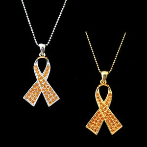 Crystal Orange Ribbon Bow Leukemia Kidney Cancer Multiple Sclerosis ADHD Awareness Pendant Charm Necklace Silver Tone Gold Tone