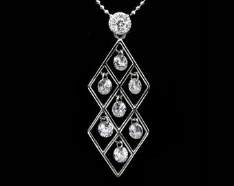 Cubic Zirconia CZ Double Diamond With Drops Pendant Charm Chain Necklace Silver Tone Clear