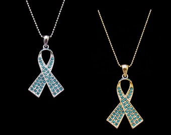 Crystal Teal Ribbon Bow Ovarian Cancer Desmoid Tumor Awareness Pendant Charm Necklace Silver Tone Gold Tone