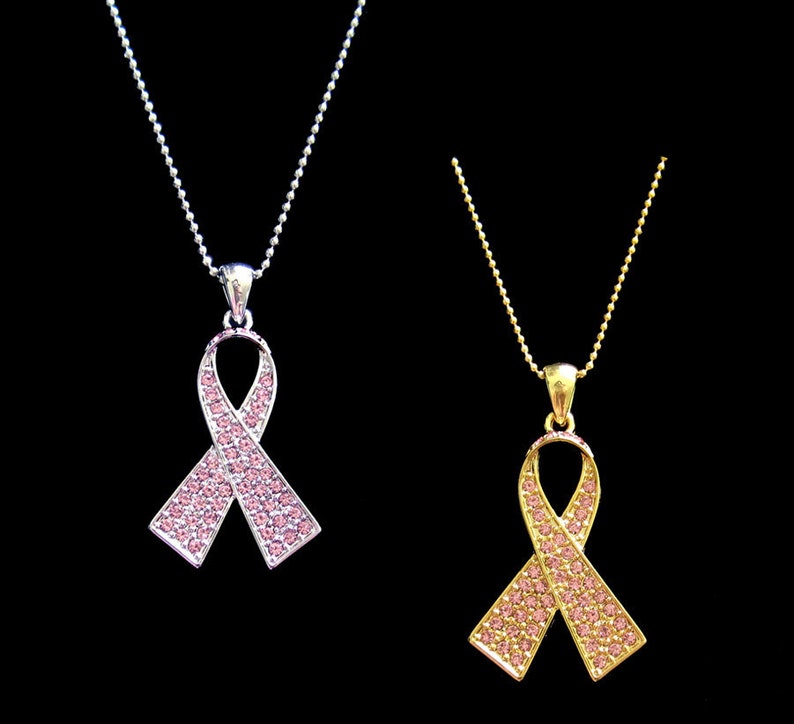 Crystal Pink Ribbon Bow Breast Cancer Awareness Pendant Charm Necklace