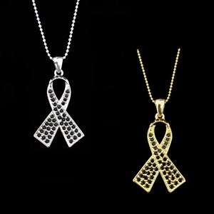 Crystal Black Ribbon Bow Melanoma Skin Cancer Awareness Pendant Charm Necklace Silver Tone Gold Tone