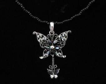 Crystal Butterfly Pendant Charm With Black Beads Beaded Chain Necklace Black Gray Grey